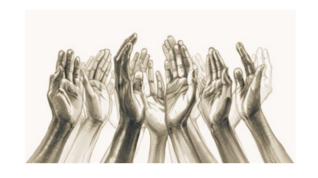 Drawing of many hands raised in prayer