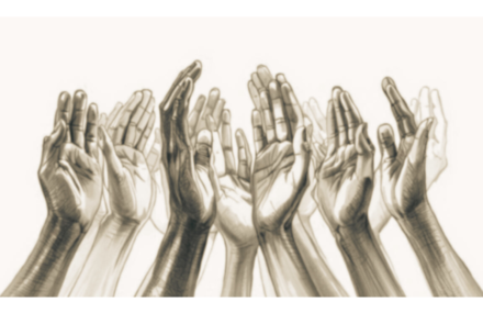 Drawing of many hands raised in prayer