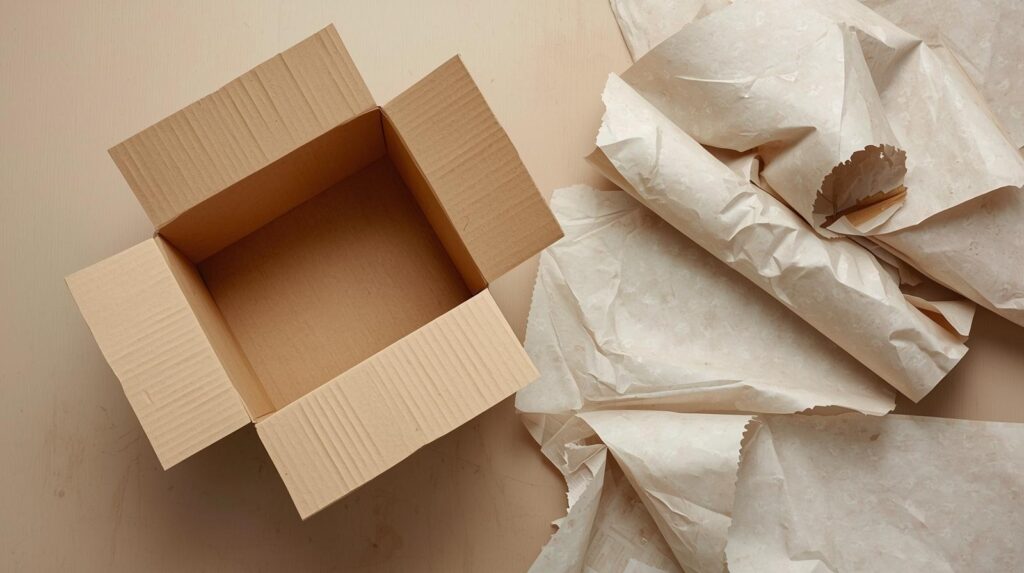 An empty box that has been opened with discarded paper around it