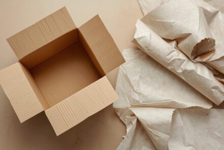 An empty box that has been opened with discarded paper around it