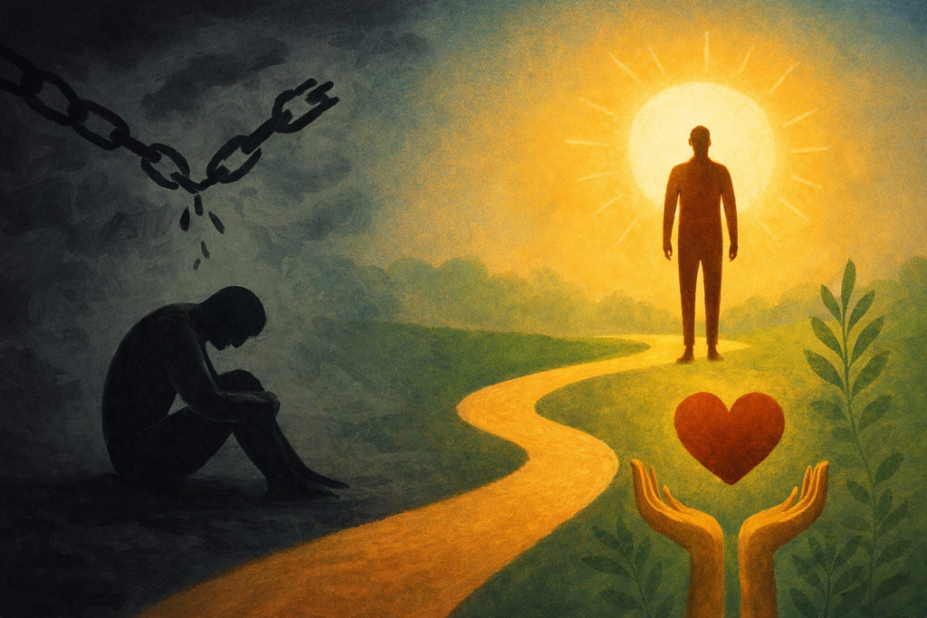 Image on chains being broken, a figure seeing the light, hands opening with a heart between.